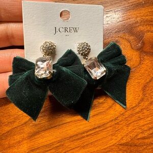 J. Crew Crystal and Gold Velvet Bow Earrings Green 2 1/2 inch